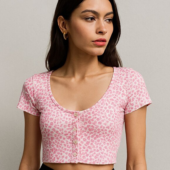 Brandy Melville Cheetah Button Down Crop Top Pink White OS XXS-XS - Picture 1 of 9